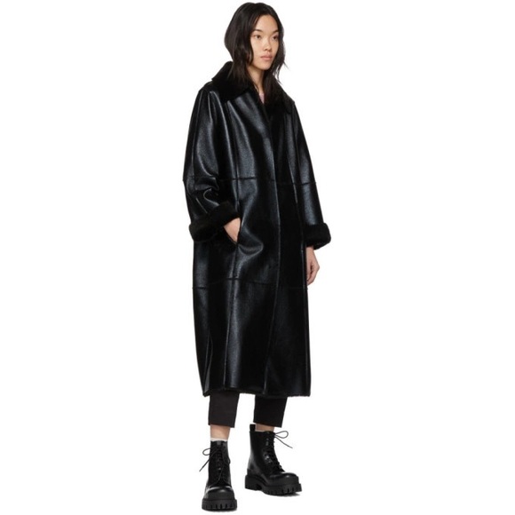 ANTHROPOLOGIE STAND STUDIO Nino Black Faux Leather Fur Lined Snap Front Coat - Picture 5 of 16